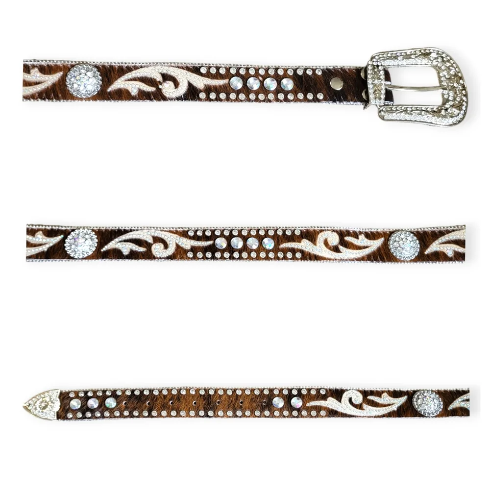 Nocona Women's Calf Hair On Hide Rhinestone Leather Western Belt Brown Silver M